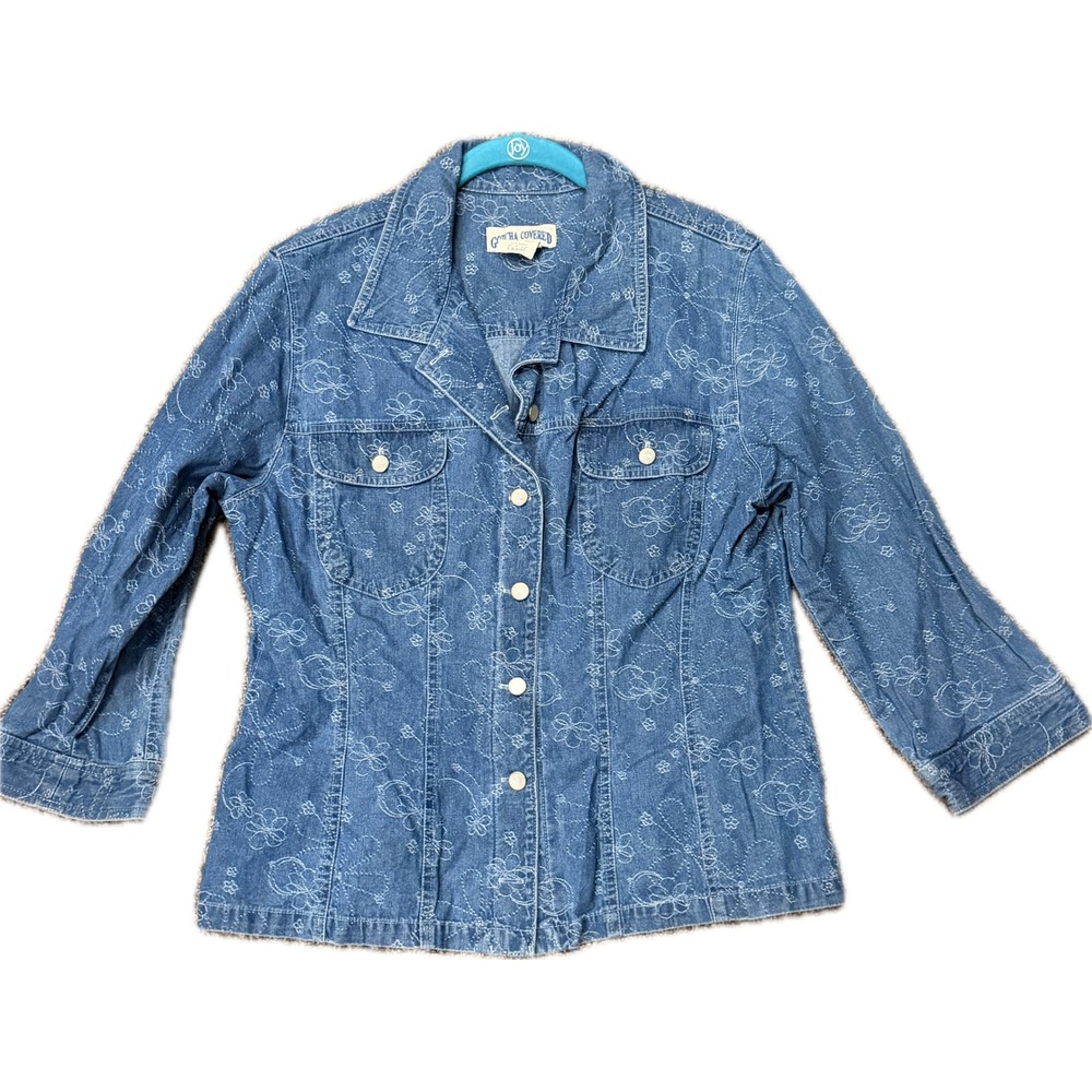 Gotcha Covered Womens Denim Jacket Large Blue Floral Embroidered Cotton Coat